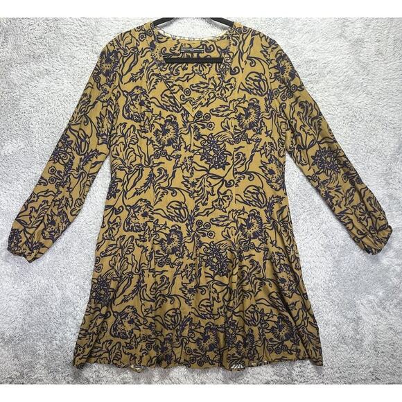 Peruvian Connection Yellowstone Boho Mini Dress Medium Mustard Yellow Blue Print - Picture 1 of 9